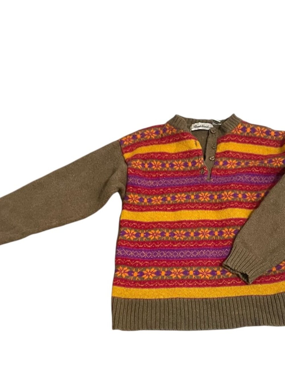 Vintage Claude Vernet Sweater Womens Size L Red Tan Green Fair Isle Wool